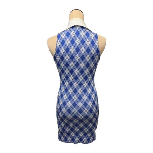 Smythe Argyle Polo Mini Dress‎ Blue Knit Bodycon Preppy Plaid Size Small - Picture 2 of 8